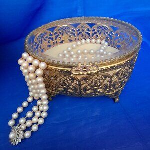 Vintage Stylebuilt Ormolu Flower Basket Glass Top Jewelry Casket